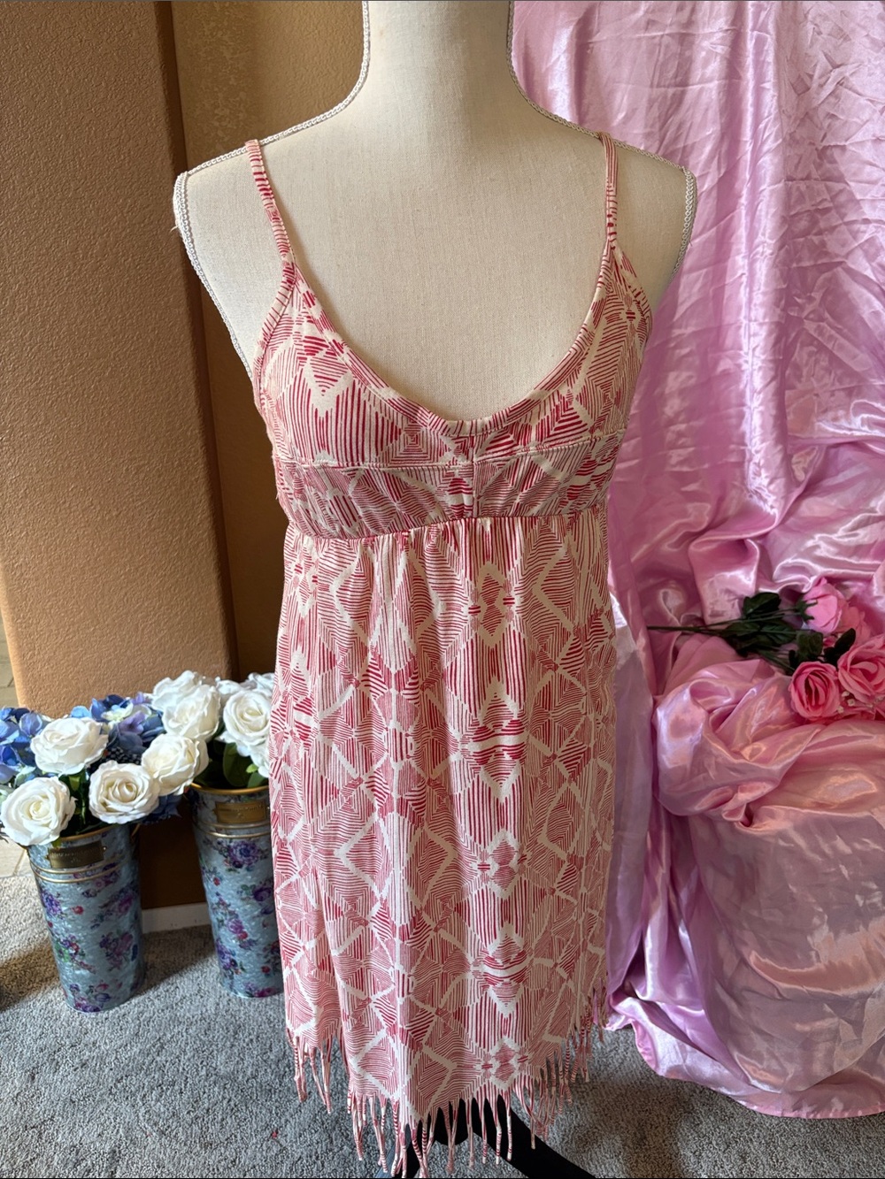 Billabong Pink Printed Slip Dress with Fringe Hem